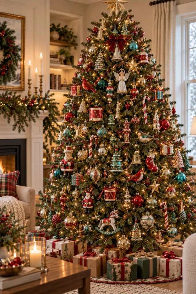 Retro Christmas Tree Ornaments: 10 Vintage-Inspired Ideas 9 Retro Christmas tree decorated with vintage-inspired bell, star, bird, drum, candy cane, and gift ornaments.
