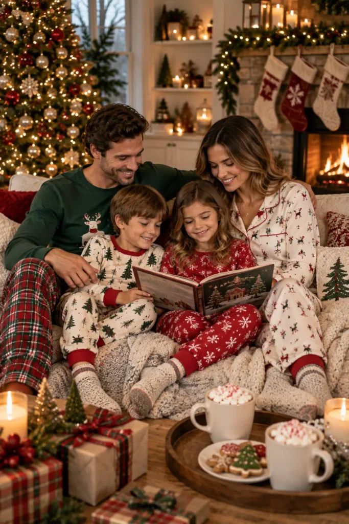 Old Navy Christmas Pajamas Family: 10 Matching Ideas 5 Family wearing Old Navy Christmas pajamas together on Christmas Eve while enjoying a cozy holiday tradition.