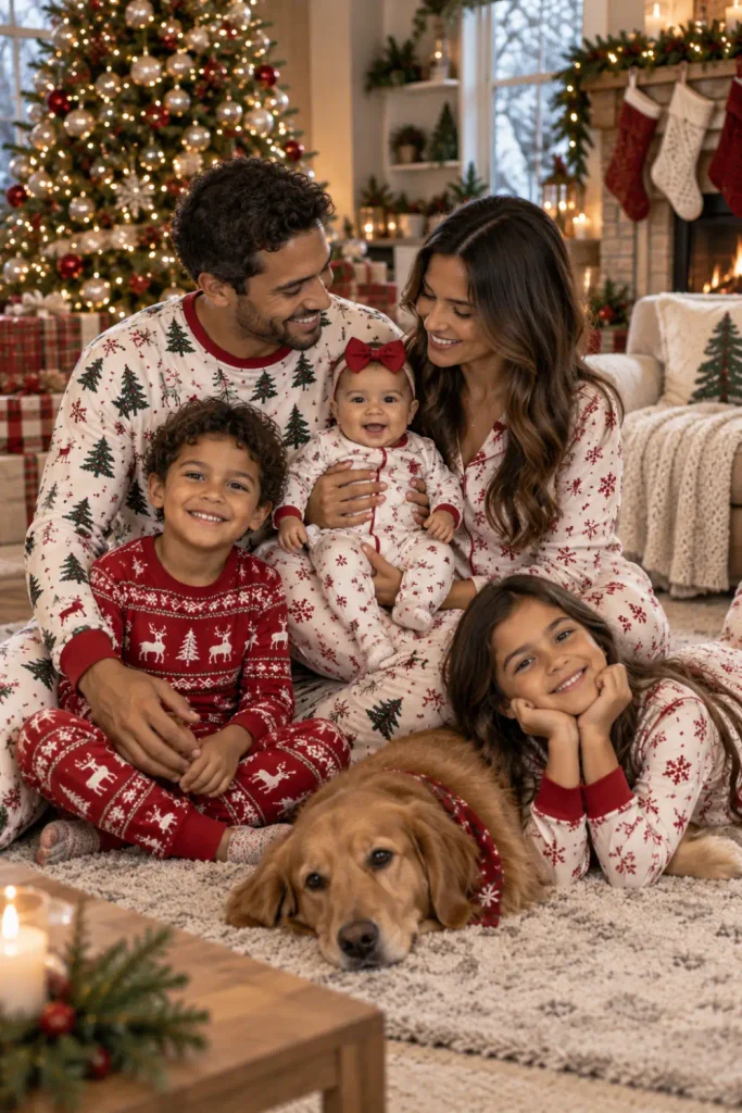 Old Navy Christmas Pajamas Family: 10 Matching Ideas 7 Babies, children and adults wearing coordinated Old Navy Christmas pajamas together beside a decorated Christmas tree.