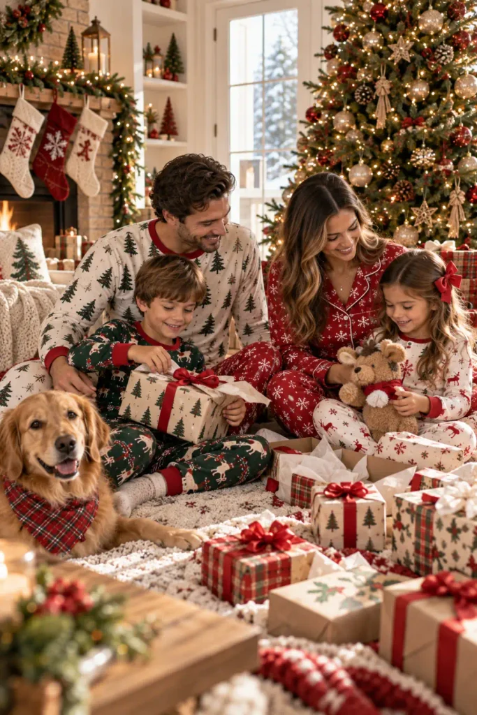 Old Navy Christmas Pajamas Family: 10 Matching Ideas 10 Family in coordinated Old Navy Christmas pajamas enjoying Christmas morning beside a decorated tree and wrapped presents.
