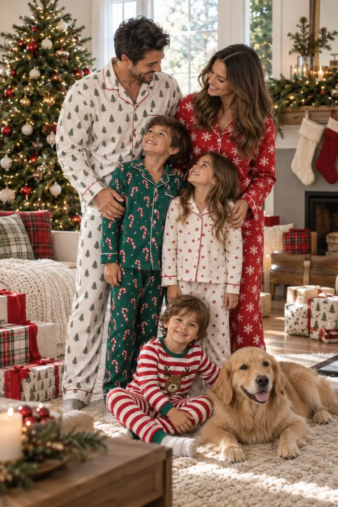 Old Navy Christmas Pajamas Family: 10 Matching Ideas 2 Family wearing coordinated Old Navy Christmas pajamas with different festive prints including trees, snowflakes and candy canes.