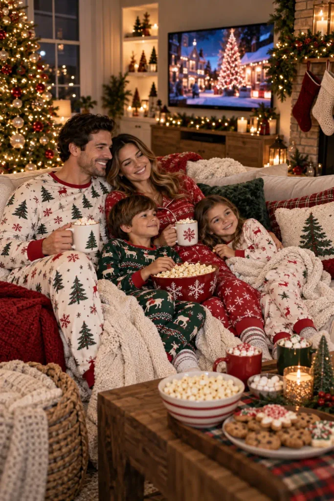 Old Navy Christmas Pajamas Family: 10 Matching Ideas 6 Family wearing matching Old Navy Christmas pajamas enjoying a cozy Christmas movie night with blankets and holiday snacks.