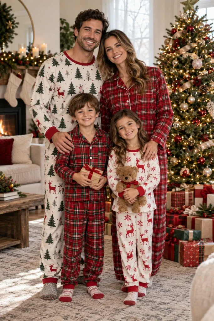 Old Navy Christmas Pajamas Family: 10 Matching Ideas 4 Family wearing coordinated Old Navy Christmas pajamas posing naturally beside a Christmas tree for a holiday photo.