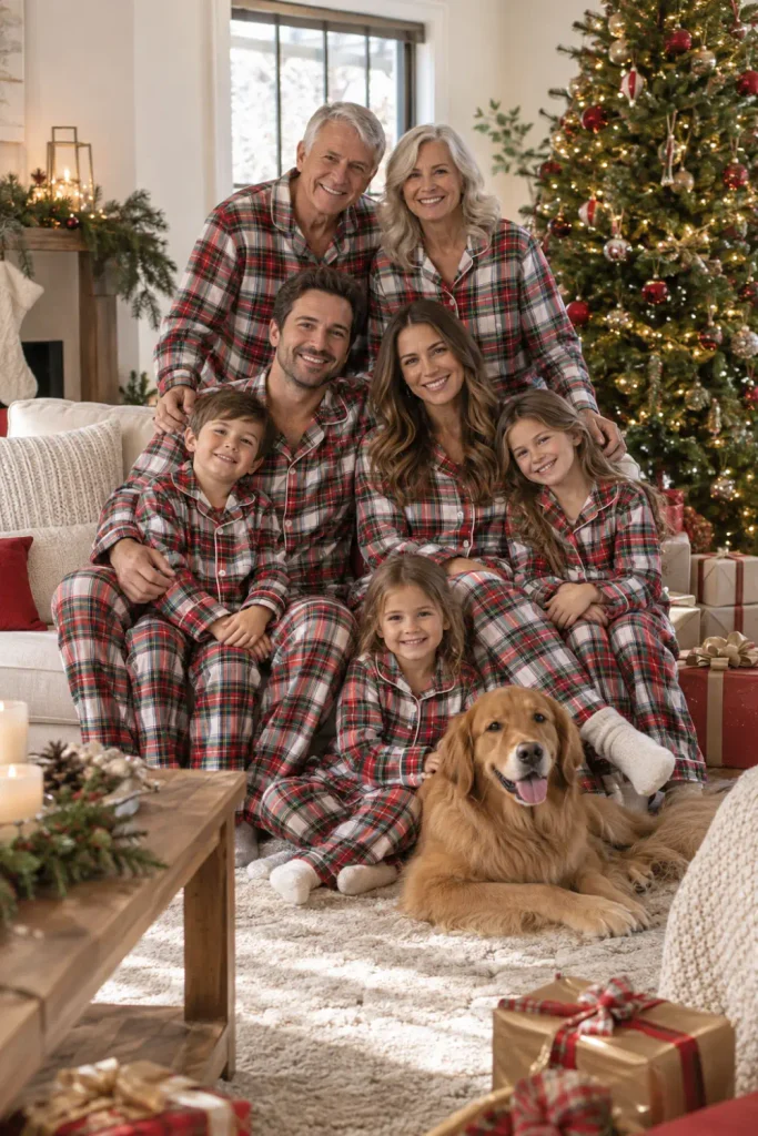 Old Navy Christmas Pajamas Family: 10 Matching Ideas 1 Old Navy Christmas pajamas family wearing coordinated red and green plaid pajamas beside a decorated Christmas tree.