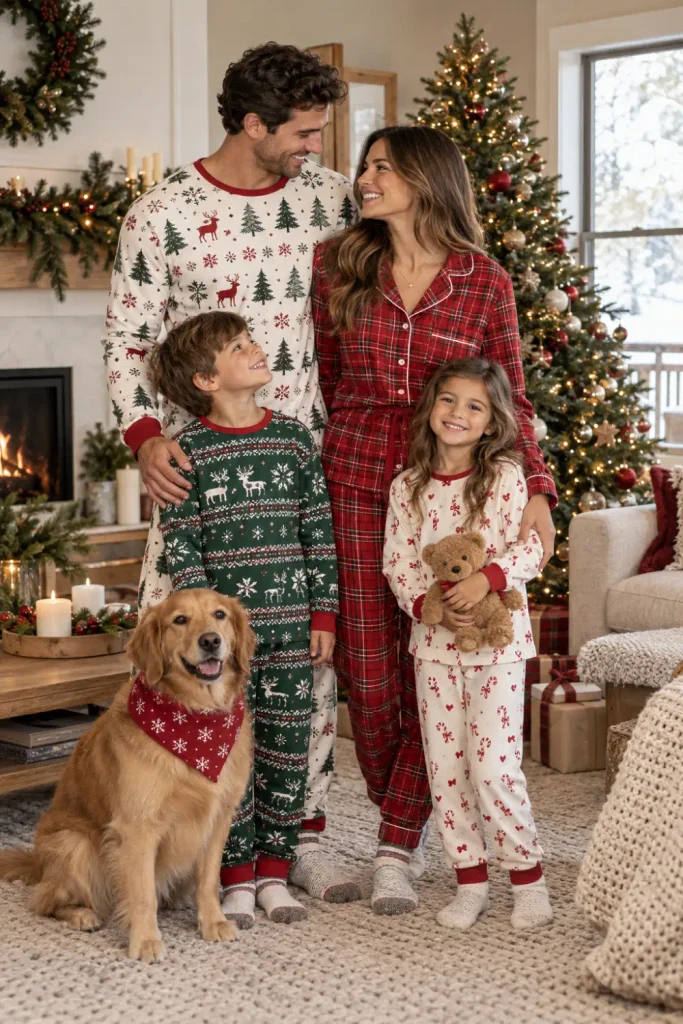 Old Navy Christmas Pajamas Family: 10 Matching Ideas 3 Family in coordinated Old Navy Christmas pajamas using complementary colors and different styles for a personalized holiday look.