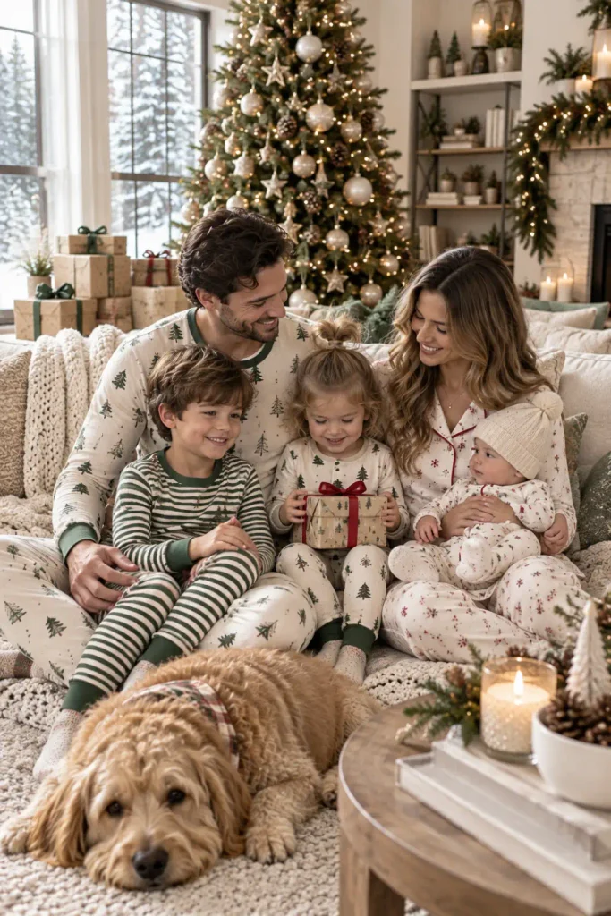 Old Navy Christmas Pajamas Family: 10 Matching Ideas 8 Family wearing neutral Old Navy Christmas pajamas in cream, gray and muted green for a modern holiday look.