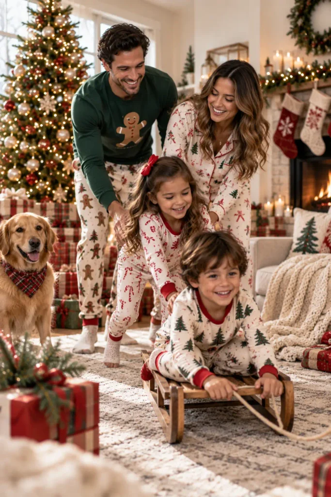 Old Navy Christmas Pajamas Family: 10 Matching Ideas 9 Family wearing playful coordinated Old Navy Christmas pajamas with cheerful holiday patterns and festive decorations.