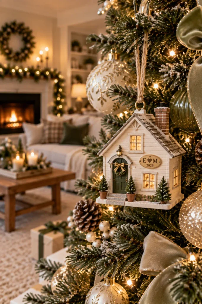 First Christmas Married Ornaments: 10 Creative Ideas 4 House-shaped first home Christmas ornament hanging on a modern tree for newlyweds.