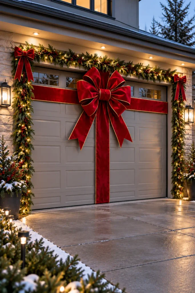 Garage Door Christmas Decorations: 10 Festive Ideas 4 Oversized red Christmas bow decorating a modern garage door with festive evergreen accents.