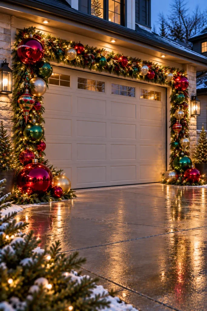 Garage Door Christmas Decorations: 10 Festive Ideas 7 Oversized red, green, and gold Christmas ornaments decorating a modern garage door.