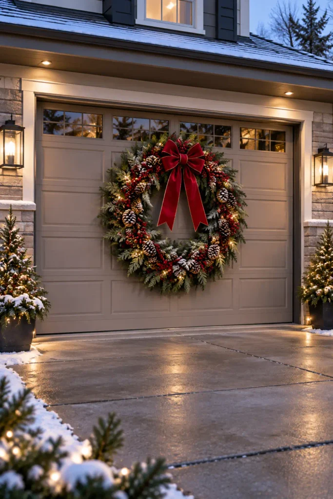 Garage Door Christmas Decorations: 10 Festive Ideas 2 Oversized evergreen Christmas wreath with red bow decorating a modern garage door.