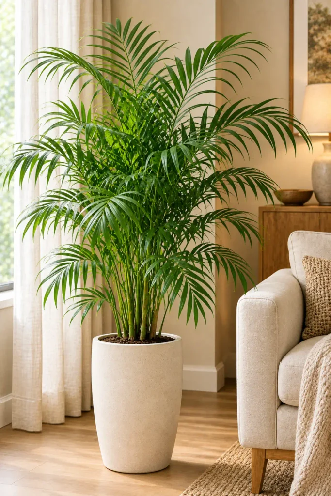 Indoor Plants That Need Minimal Light: 10 Easy Picks 7 Graceful parlor palm with delicate green fronds in a white ceramic planter beside a modern living room armchair.