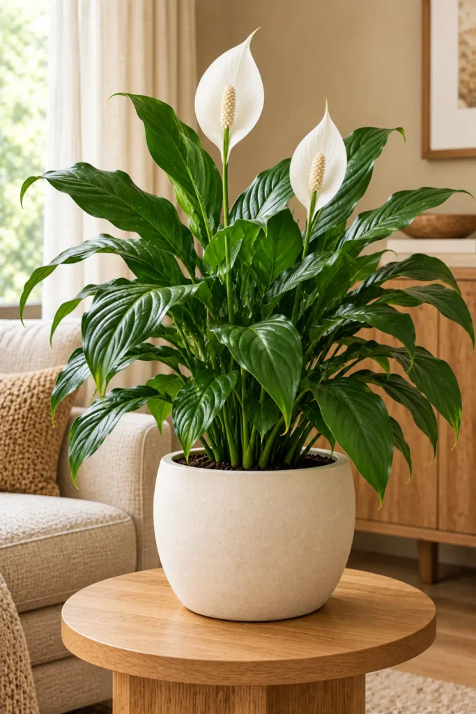 Indoor Plants That Need Minimal Light: 10 Easy Picks 8 Peace lily with glossy green leaves and elegant white flowers in a ceramic planter in a softly lit modern living room.