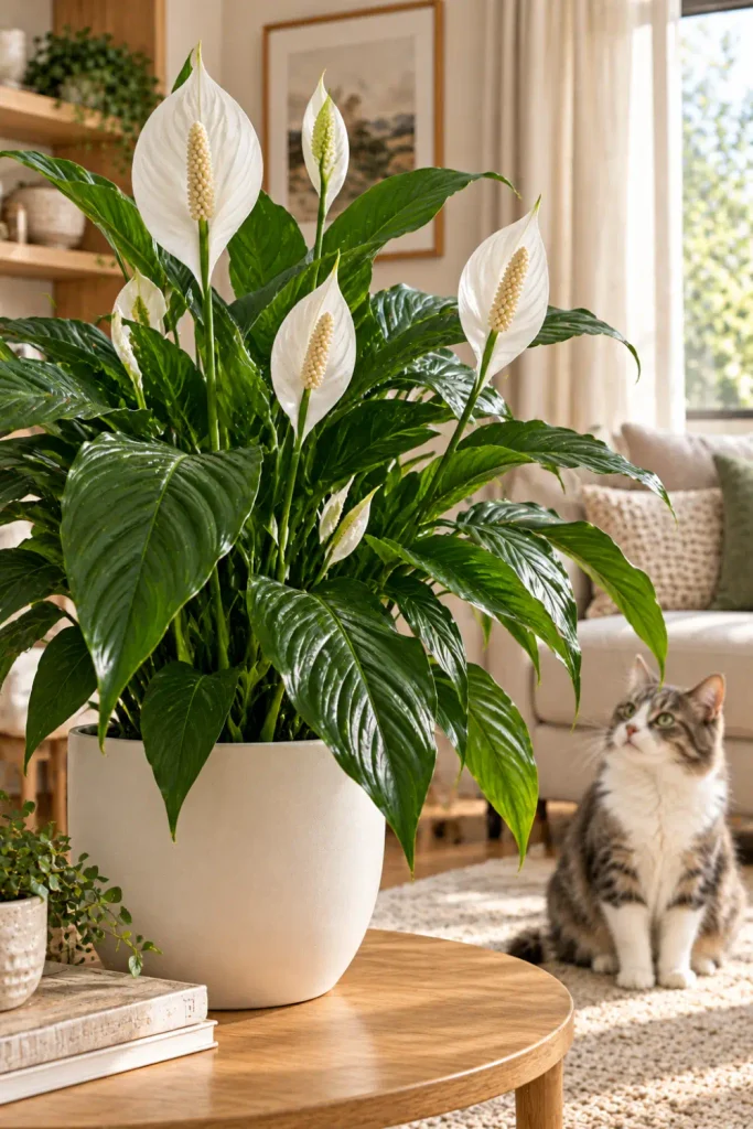 Plants That Are Toxic to Cats: 10 Common Houseplants 4 Peace lily with white spathes and glossy green leaves in a white ceramic planter in a modern home with a cat nearby.