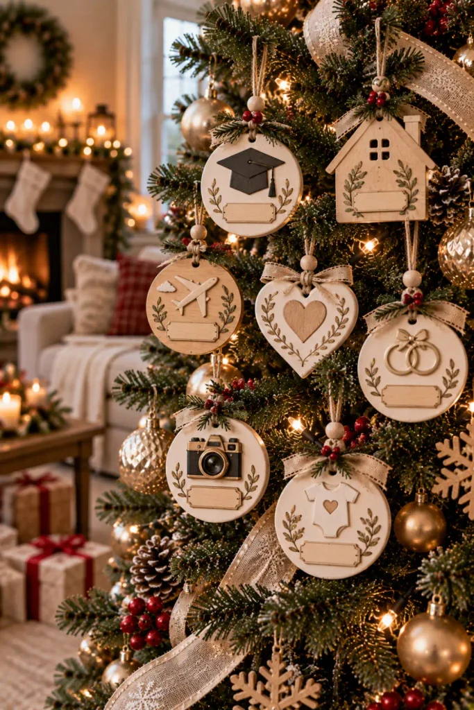Personalized Christmas Ornaments: 10 Easy Keepsake Ideas 10 Coordinated personalized Christmas ornaments celebrating family milestones and meaningful memories on a modern holiday tree.