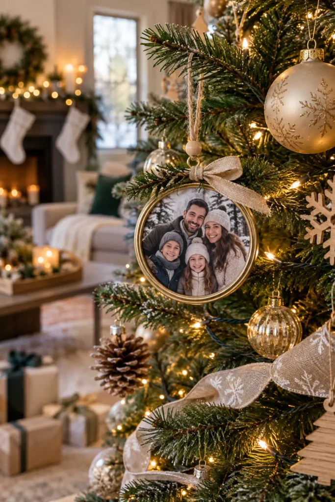 Personalized Christmas Ornaments: 10 Easy Keepsake Ideas 1 Personalized family photo Christmas ornament displayed on a beautifully decorated Christmas tree as a meaningful holiday keepsake.
