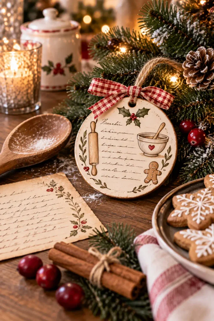 Personalized Christmas Ornaments: 10 Easy Keepsake Ideas 4 Personalized Christmas recipe ornament inspired by a treasured family holiday recipe and displayed beside festive decorations.