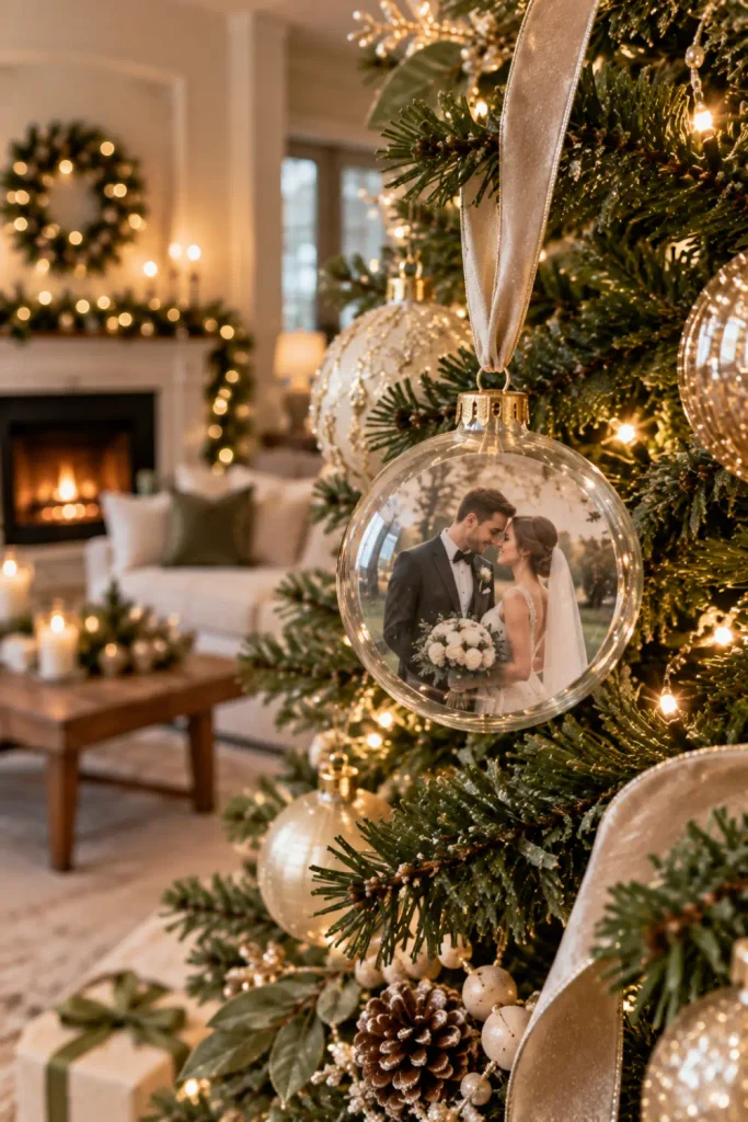 First Christmas Married Ornaments: 10 Creative Ideas 3 Personalized wedding photo ornament displayed on a beautifully decorated Christmas tree for a first married Christmas.