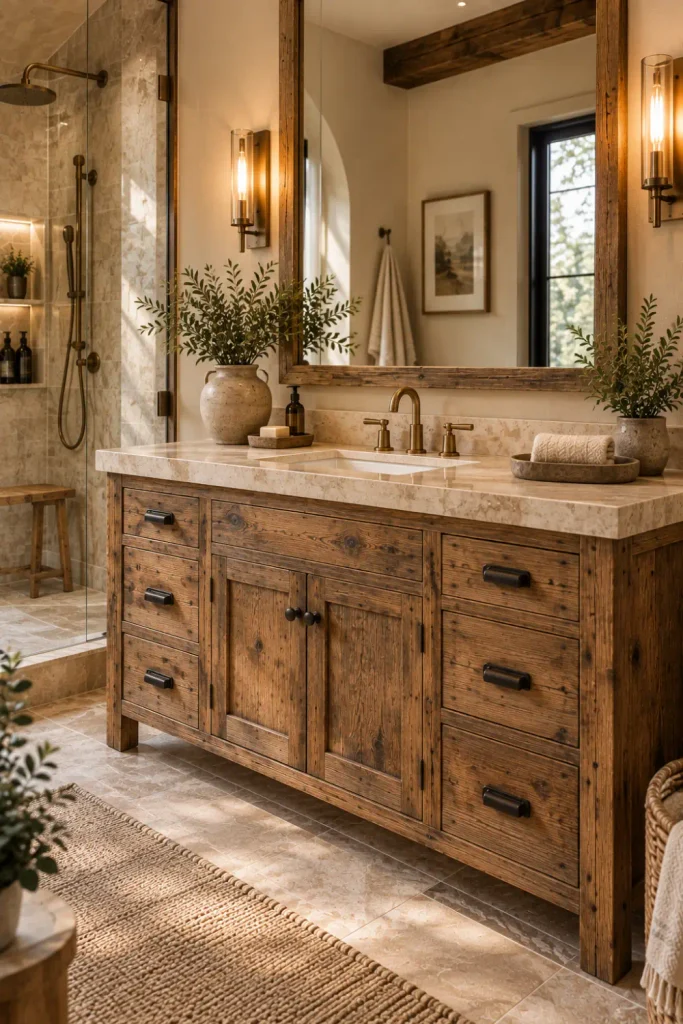 Rustic Bathroom Cabinet: 10 Stylish Ideas for Any Space 8 Reclaimed wood rustic bathroom cabinet paired with a natural stone countertop, bronze fixtures, and warm neutral finishes.