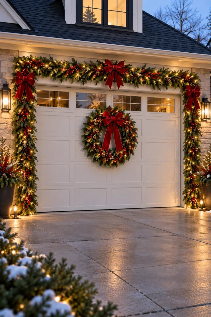 Garage Door Christmas Decorations: 10 Festive Ideas 3 Classic red and green Christmas decorations with garland, bows, berries, and lights around a garage door.