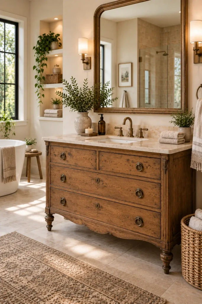 Rustic Bathroom Cabinet: 10 Stylish Ideas for Any Space 9 Repurposed furniture-style rustic bathroom cabinet converted into a vanity with a stone countertop and brass hardware.