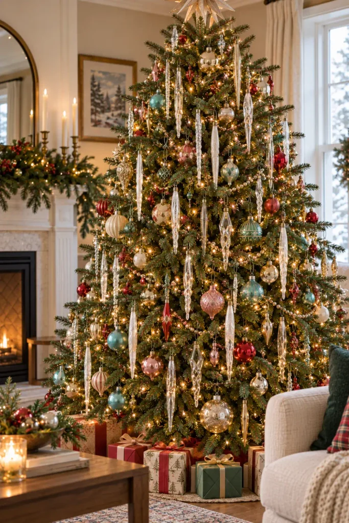 Retro Christmas Tree Ornaments: 10 Vintage-Inspired Ideas 6 Vintage-inspired Christmas tree decorated with delicate glass icicle ornaments and colorful retro baubles.