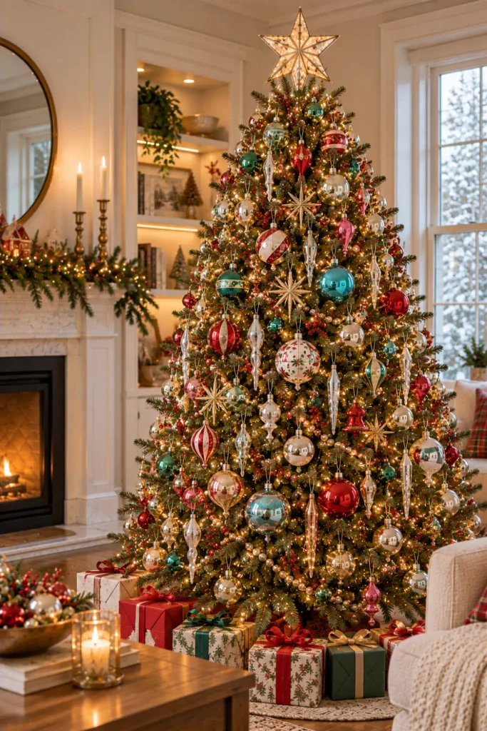 Retro Christmas Tree Ornaments: 10 Vintage-Inspired Ideas 10 Vintage-inspired Christmas tree with a classic star topper, colorful retro ornaments, and warm white lights.