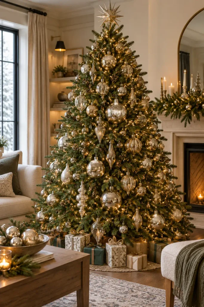 Retro Christmas Tree Ornaments: 10 Vintage-Inspired Ideas 1 Retro Christmas tree decorated with shiny mercury-glass ornaments in silver and gold vintage-inspired finishes.