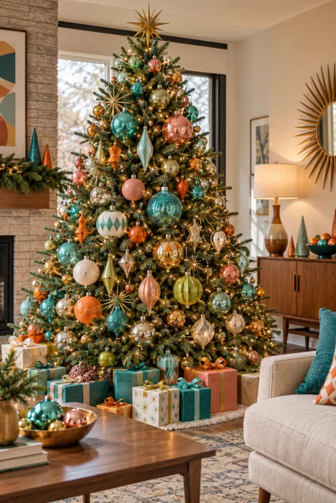 Retro Christmas Tree Ornaments: 10 Vintage-Inspired Ideas 2 Retro Christmas tree with colorful mid-century ornaments in turquoise, pink, aqua, orange, and warm gold.