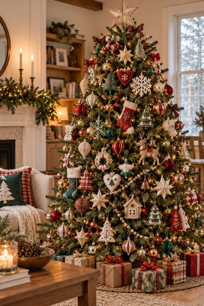 Retro Christmas Tree Ornaments: 10 Vintage-Inspired Ideas 7 Retro Christmas tree decorated with handmade paper stars, felt stockings, fabric ornaments, and glass baubles.