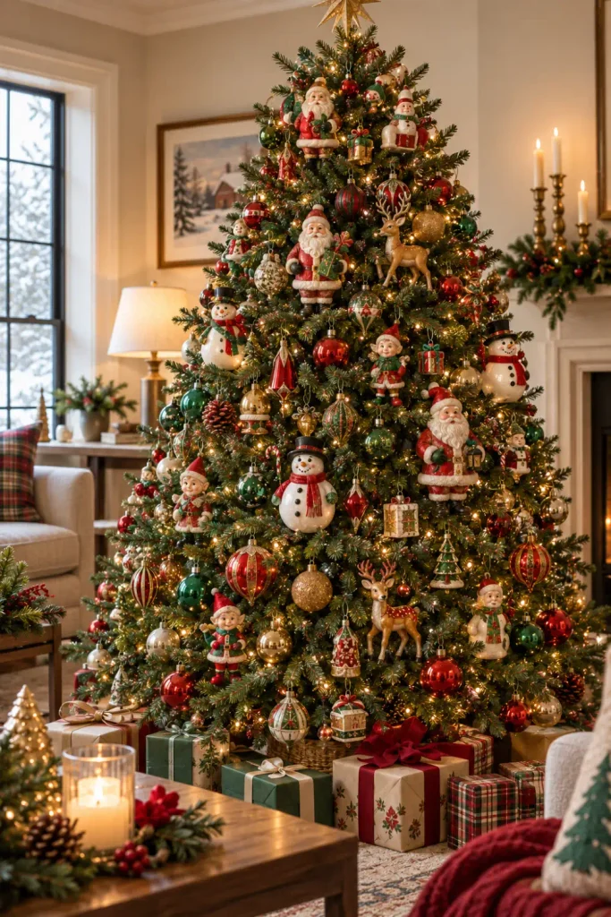 Retro Christmas Tree Ornaments: 10 Vintage-Inspired Ideas 4 Retro Christmas tree decorated with whimsical vintage-inspired Santa and snowman character ornaments.