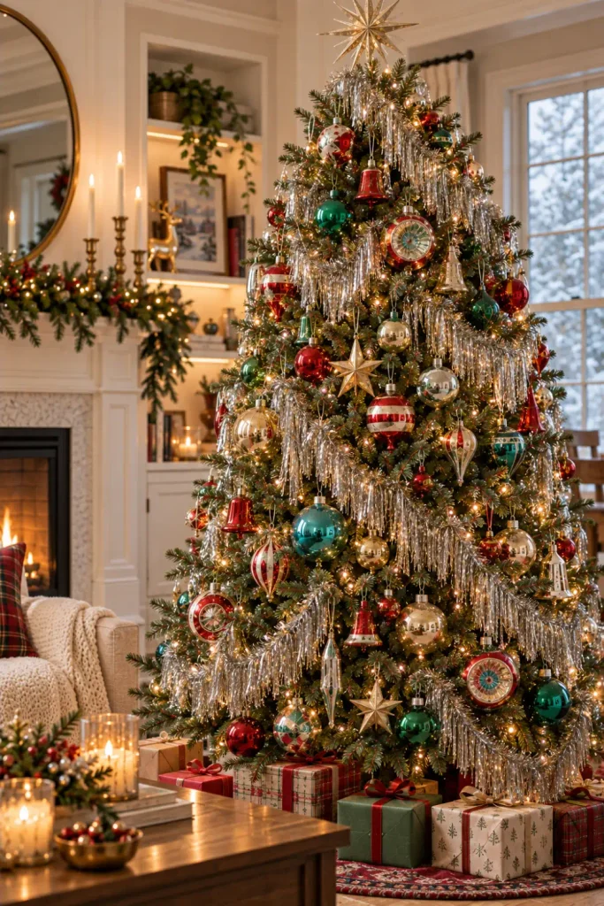Retro Christmas Tree Ornaments: 10 Vintage-Inspired Ideas 8 Retro Christmas tree decorated with shiny silver tinsel, vintage glass ornaments, and warm Christmas lights.