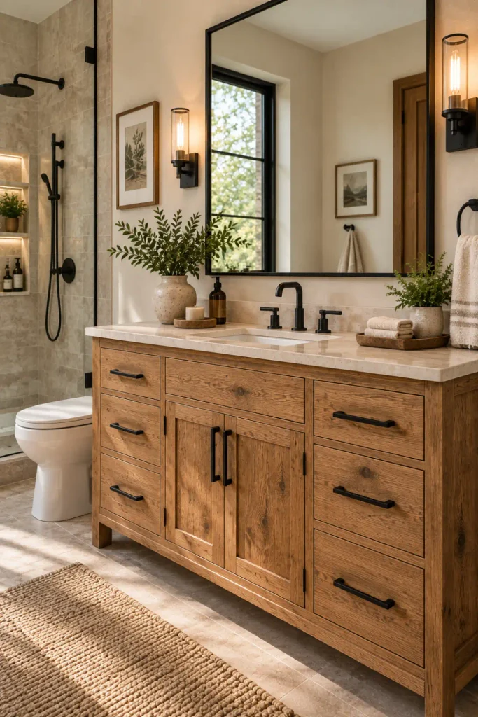 Rustic Bathroom Cabinet: 10 Stylish Ideas for Any Space 4 Natural wood rustic bathroom cabinet with matte black hardware, black faucet, and warm stone countertop.