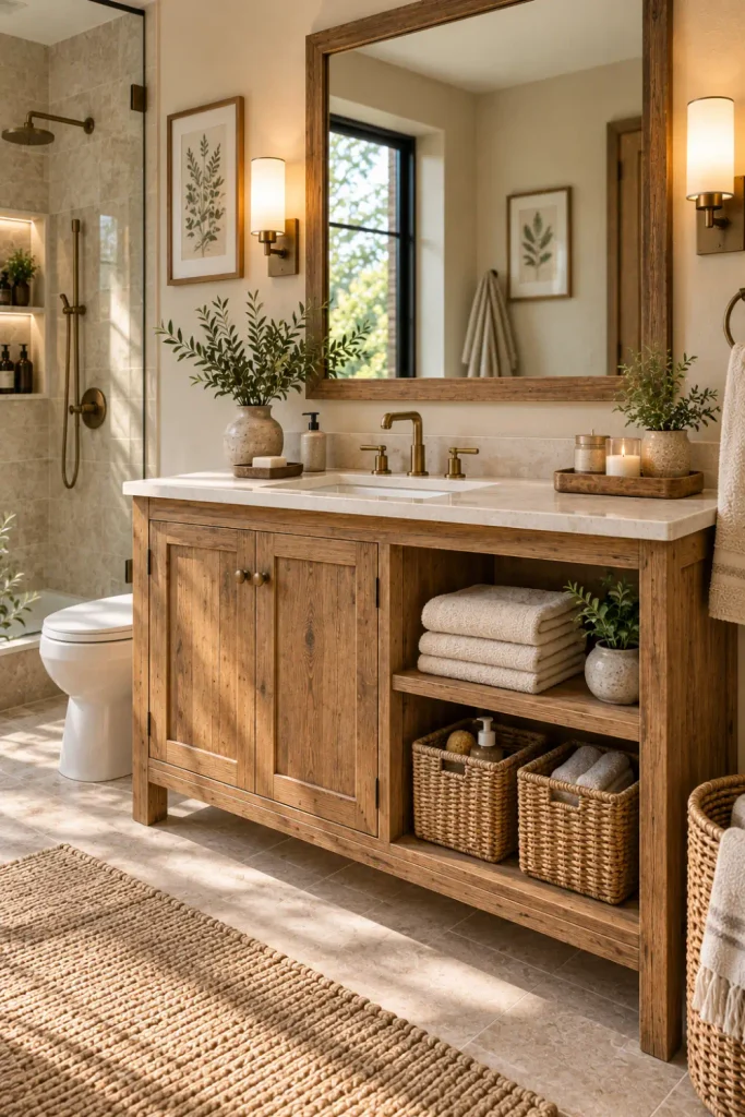 Rustic Bathroom Cabinet: 10 Stylish Ideas for Any Space 6 Rustic wood bathroom cabinet with open shelving, woven baskets, folded towels, stone countertop, and organized storage.