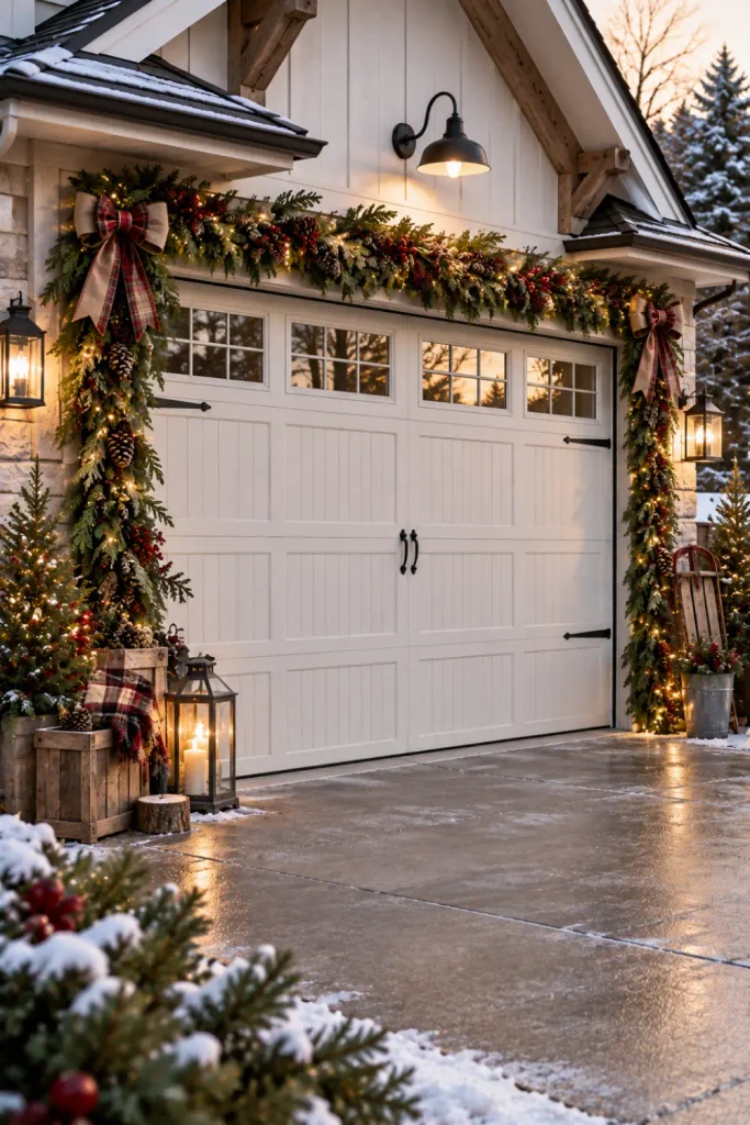 Garage Door Christmas Decorations: 10 Festive Ideas 6 Rustic garage door decorated with evergreen garland, pinecones, wood accents, and warm Christmas lights.