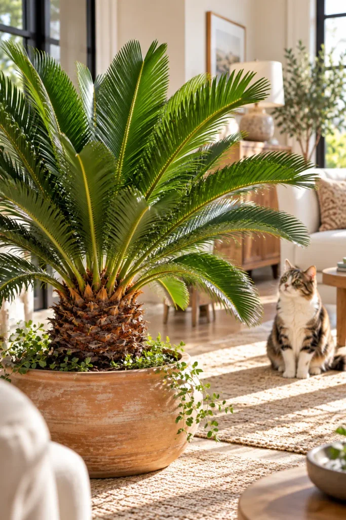 Plants That Are Toxic to Cats: 10 Common Houseplants 2 Green sago palm with stiff, feather-like fronds in a terracotta planter in a modern living room, illustrating a highly toxic houseplant for cats.