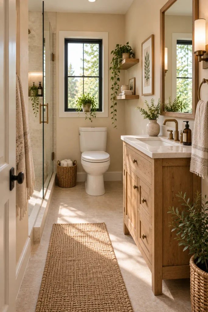 Rustic Bathroom Cabinet: 10 Stylish Ideas for Any Space 7 Compact rustic wood bathroom cabinet with a narrow vanity, large mirror, and open circulation space in a small bathroom.