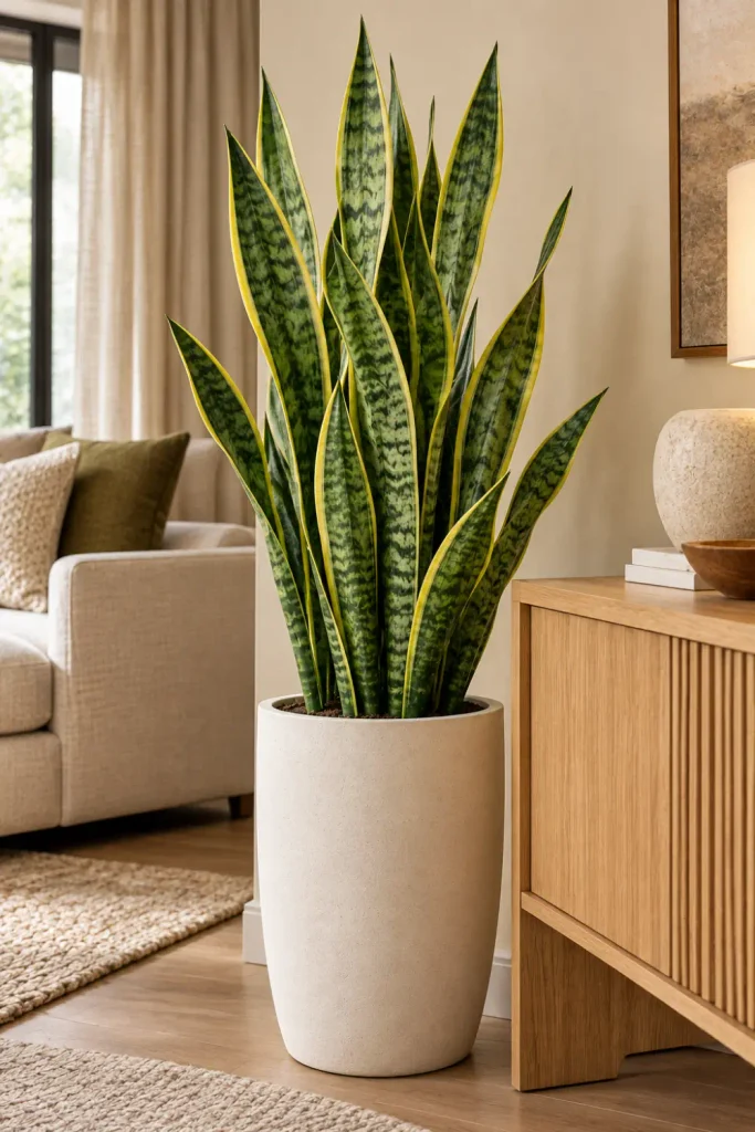 Indoor Plants That Need Minimal Light: 10 Easy Picks 2 Tall green snake plant with sword-shaped leaves in a white ceramic planter beside a modern living room console.
