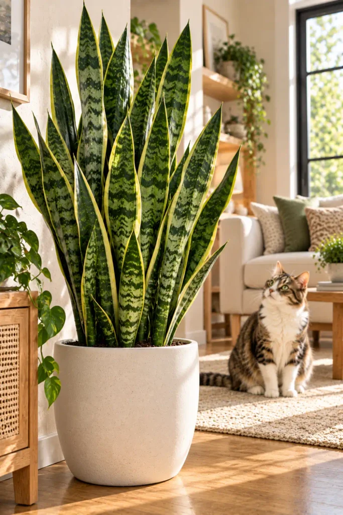 Plants That Are Toxic to Cats: 10 Common Houseplants 7 Tall snake plant with stiff, upright green and light-green striped leaves in a white ceramic planter in a contemporary home with a cat.