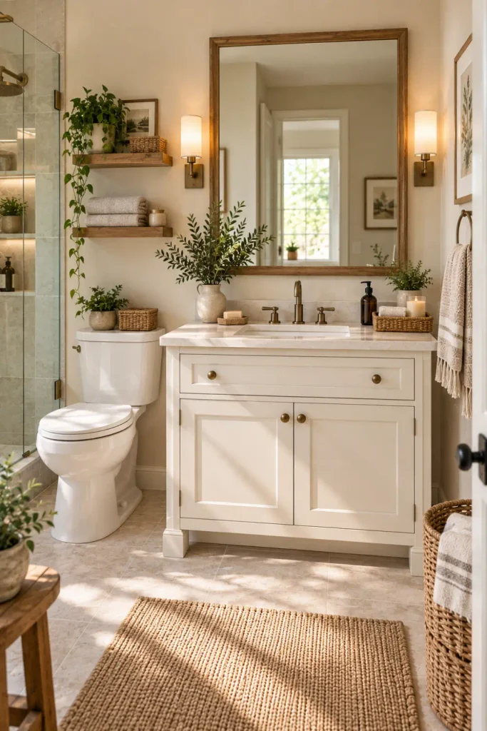 Rustic Bathroom Cabinet: 10 Stylish Ideas for Any Space 5 Soft white rustic bathroom cabinet with shaker doors, brass hardware, natural wood accents, and warm neutral decor.