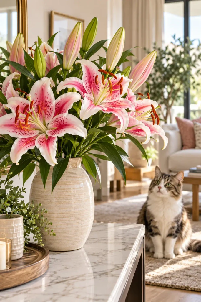 Plants That Are Toxic to Cats: 10 Common Houseplants 1 True lilies with white and pink petals in a ceramic vase beside a cat in a modern living room, highlighting flowers that are toxic to cats.