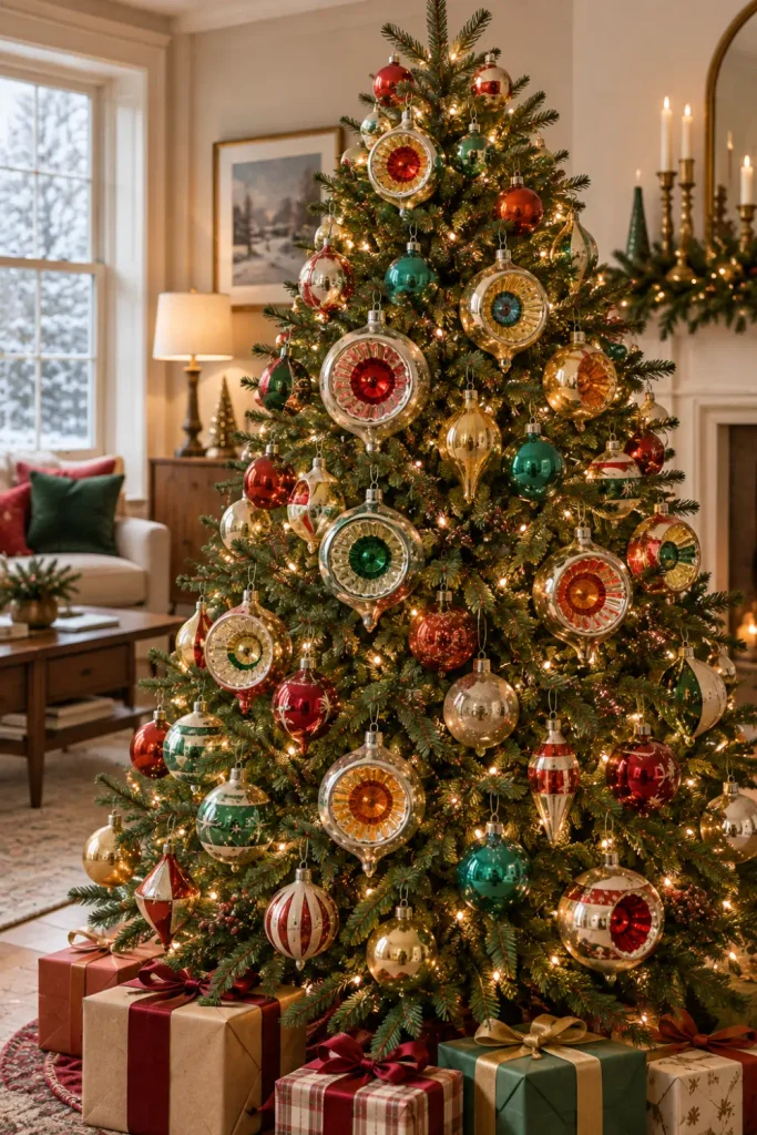 Retro Christmas Tree Ornaments: 10 Vintage-Inspired Ideas 3 Christmas tree featuring vintage-inspired reflector ornaments with colorful metallic centers and warm lights.