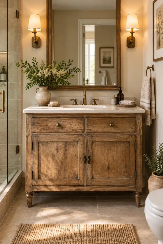 Rustic Bathroom Cabinet: 10 Stylish Ideas for Any Space 3 Vintage-style rustic bathroom cabinet updated with a stone countertop, modern sink, and aged brass hardware.