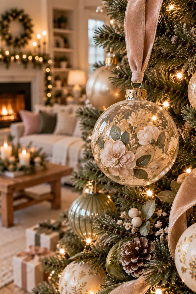 First Christmas Married Ornaments: 10 Creative Ideas 9 Elegant Christmas ornament inspired by wedding colors in champagne, ivory, blush, gold and sage.