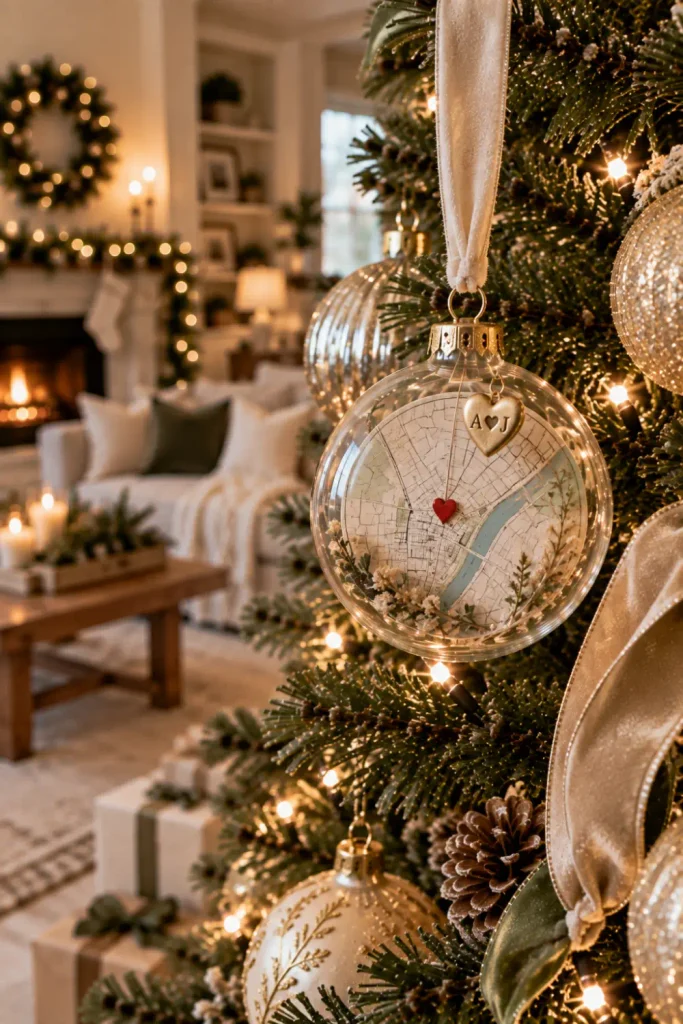 First Christmas Married Ornaments: 10 Creative Ideas 7 Personalized map ornament showing where a couple met, hanging on a modern Christmas tree.