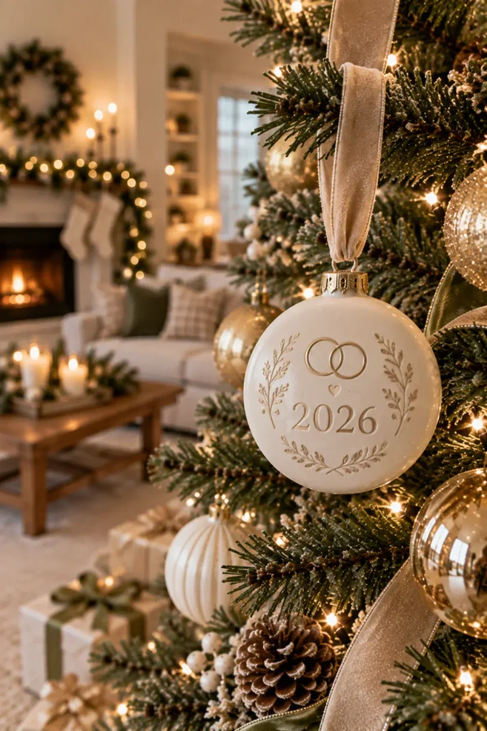 First Christmas Married Ornaments: 10 Creative Ideas 6 Minimalist wedding year ornament hanging on a Christmas tree to celebrate a couple's first married Christmas.