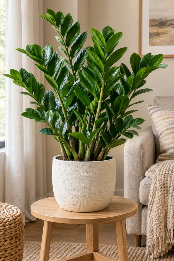 Indoor Plants That Need Minimal Light: 10 Easy Picks 1 Glossy green ZZ plant in a ceramic planter decorating a modern living room with minimal natural light.